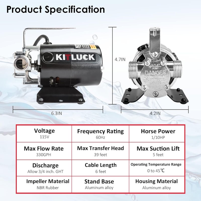 KITLUCK Water Transfer Pump, 115V 1/10HP 330GPH Utility Water Pump Electric With 2 * 6ft Suction Hose, Portable Small Water Pump For Pool Draining, Removing Water From Rain Barrel, Aquariums, etc. - Image 3